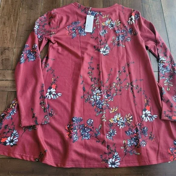 Wekili Floral Burgundy Long Sleeve Tunic With Lace Hem size M - Picture 2 of 5